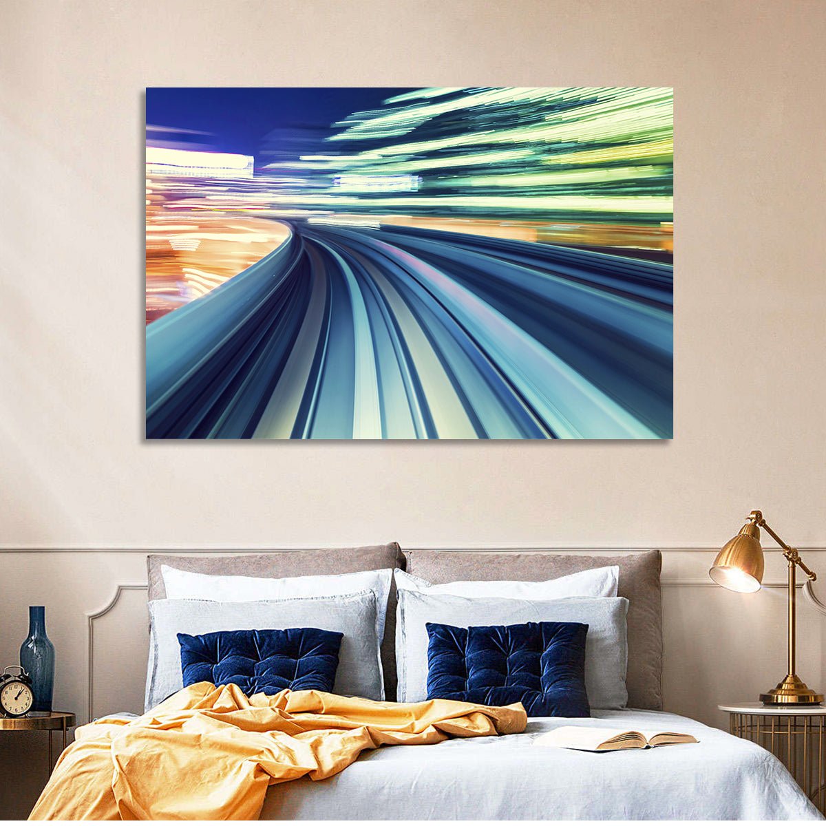 Curved Monorail Light Trails Wall Art in a room, landscape