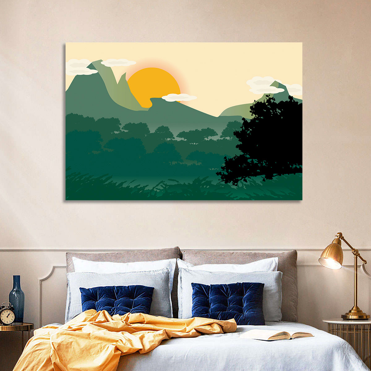 Geometric Mountain Forest Sunrise Wall Art in a room, landscape