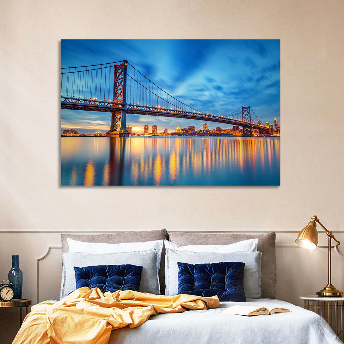 Benjamin Franklin Bridge Twilight Wall Art in a room, landscape