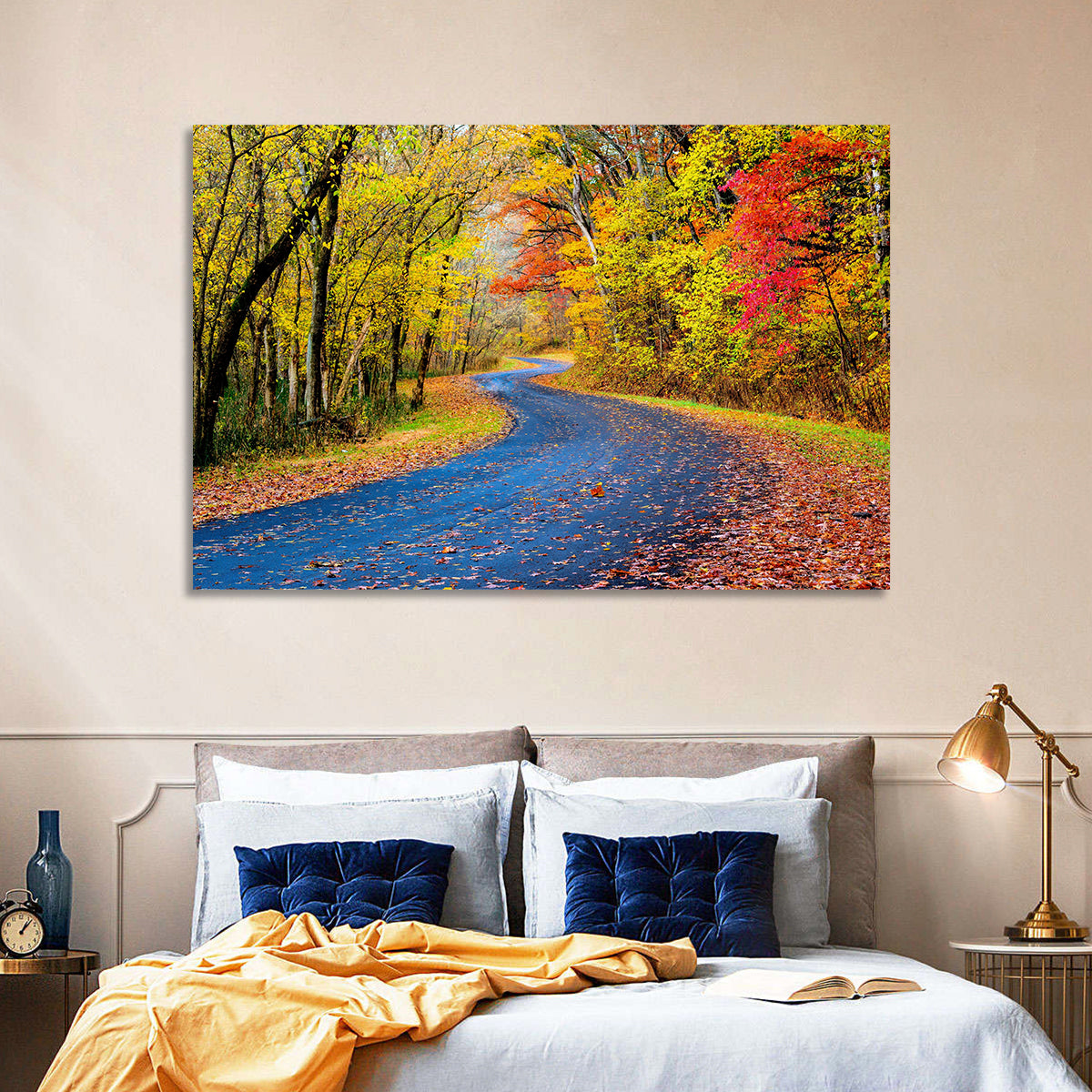 Wet Autumn Road Wall Art in a room, landscape