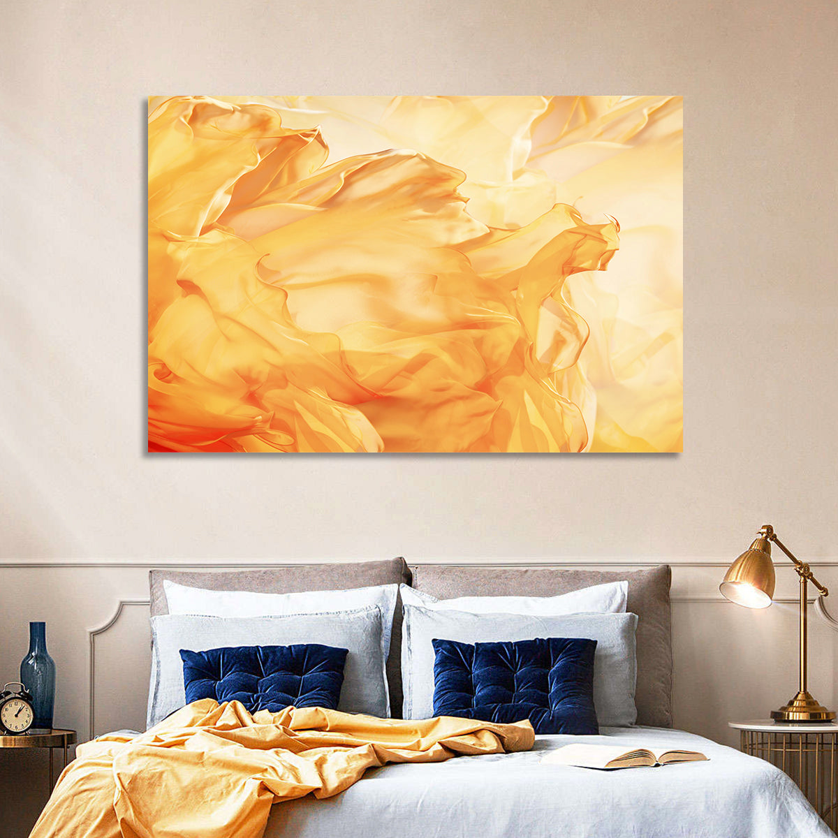 Golden Waving Cloth Abstract Wall Art in a room, landscape