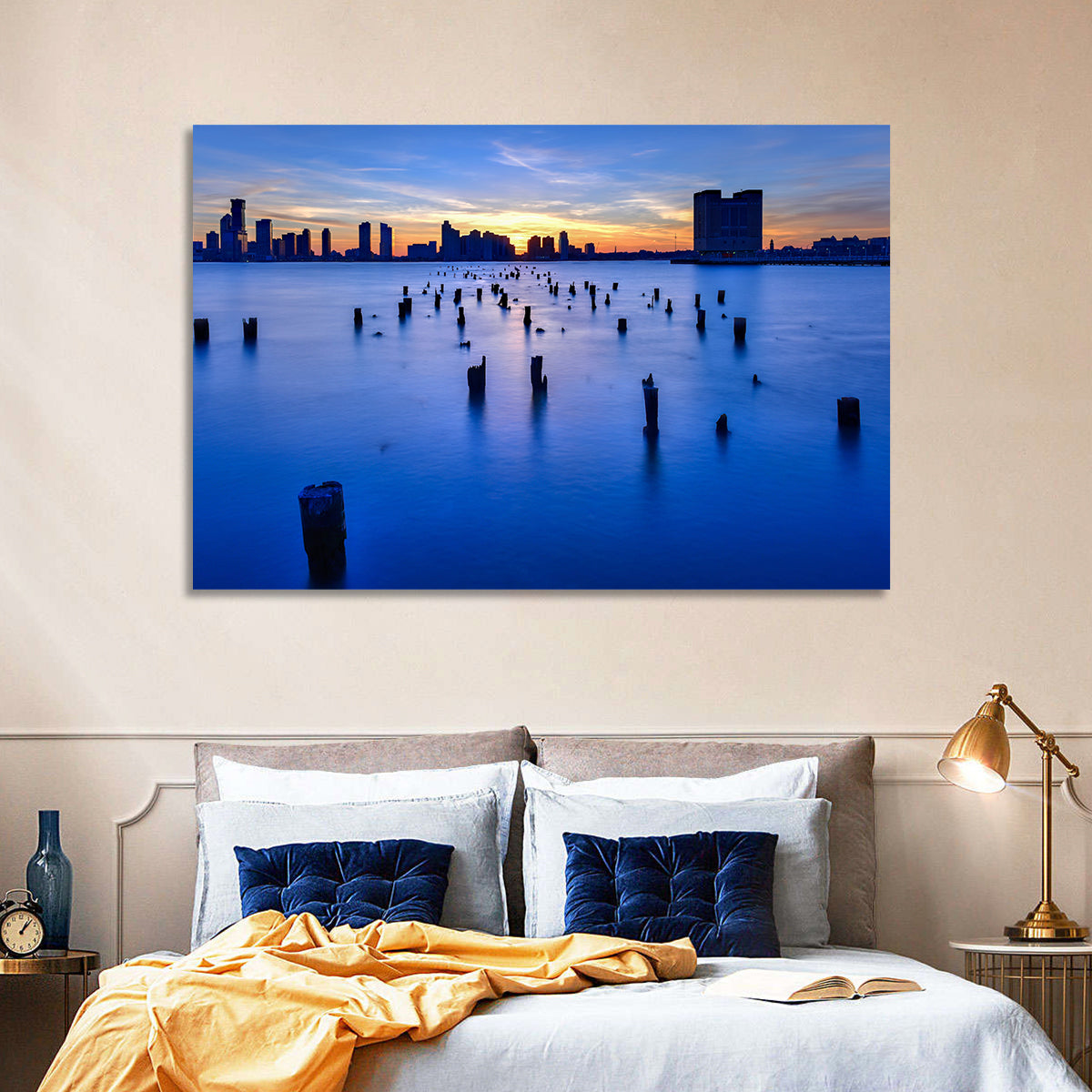 Jersey City Skyline at Dusk Wall Art in a room, landscape