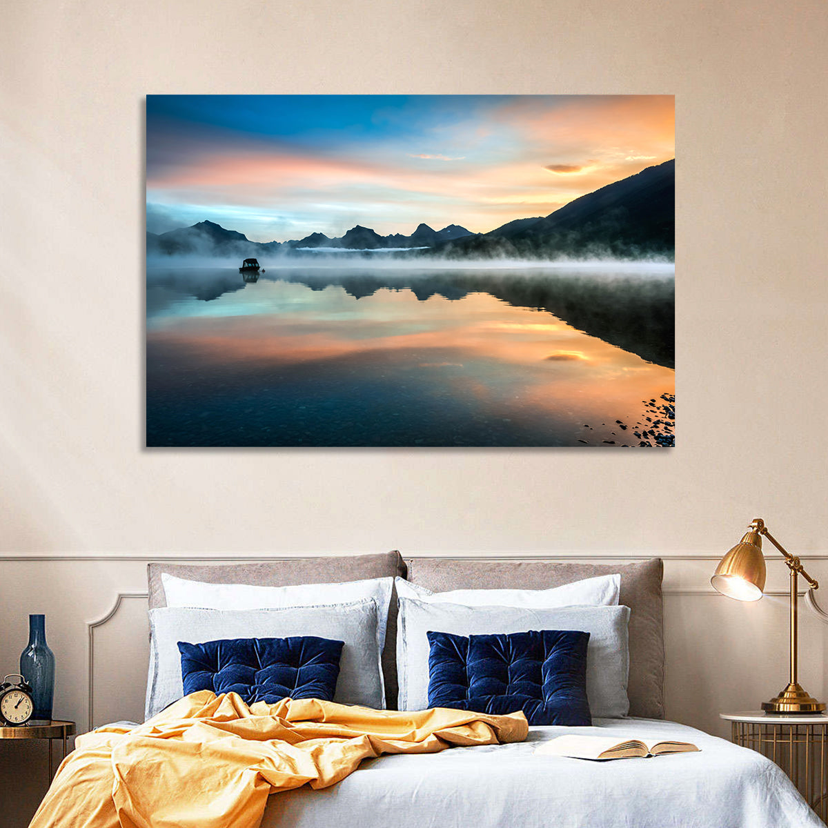 Lake Mcdonald Dawn Mist Wall Art in a room, landscape