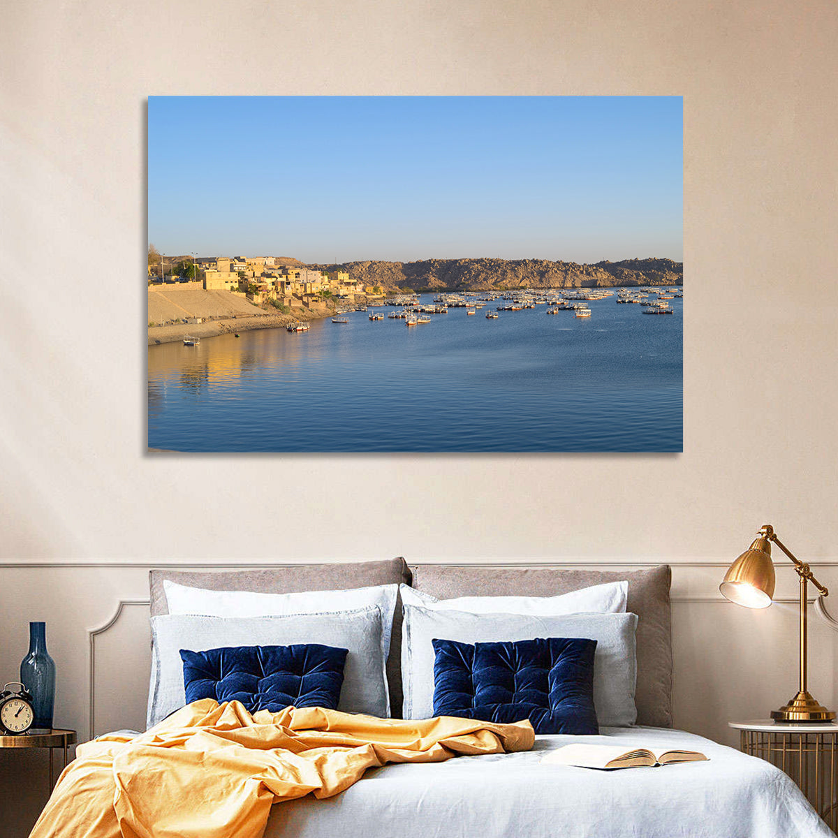 Lake Nasser Harbor View Wall Art in a room, landscape