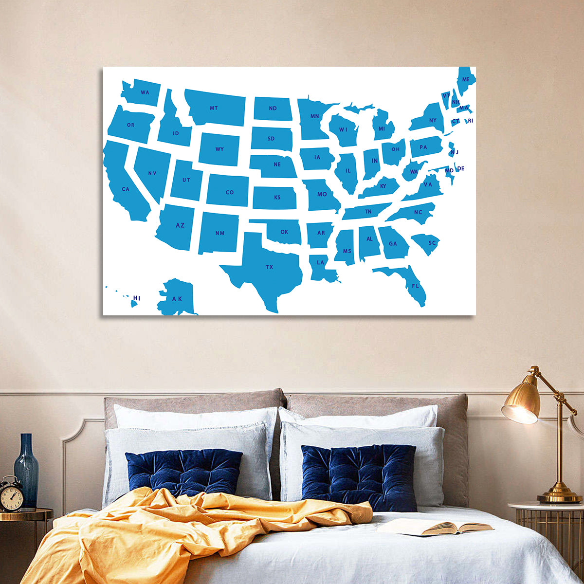 Blue Minimalist USA Map Wall Art