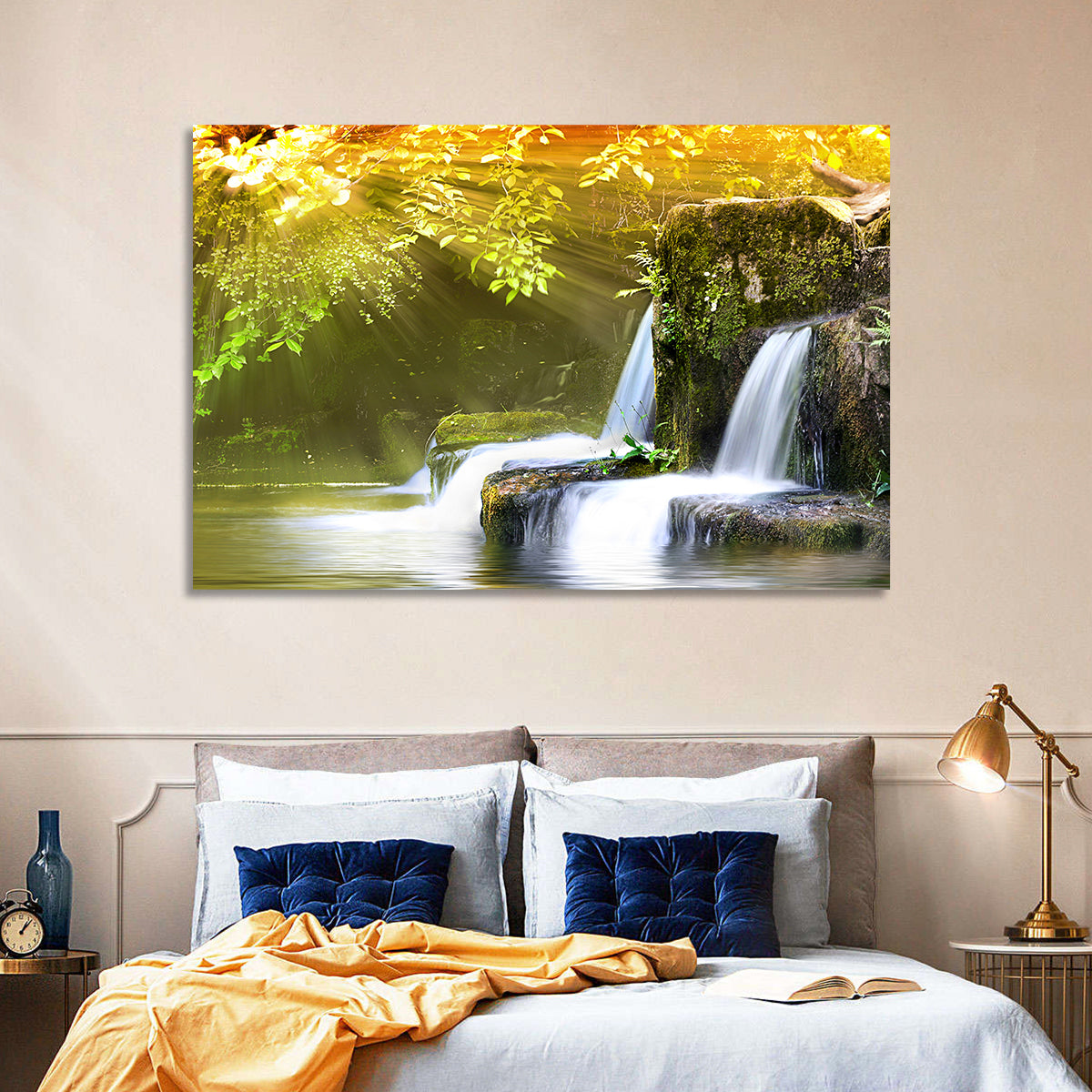 Sunlit Forest Waterfall Wall Art
