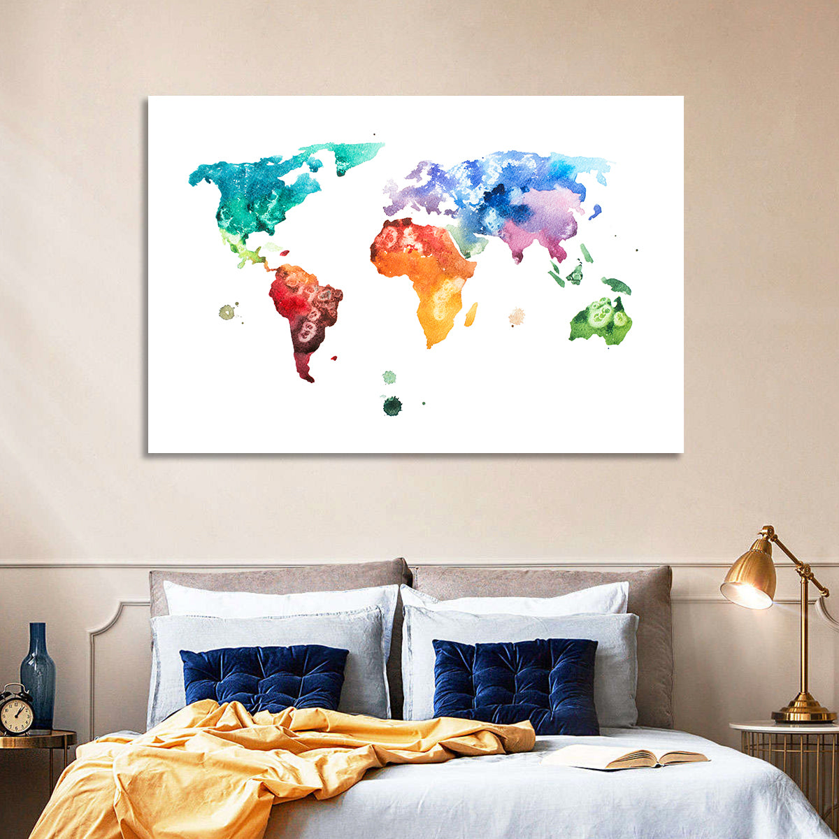 Multicolor Watercolor World Map Wall Art in a room, landscape