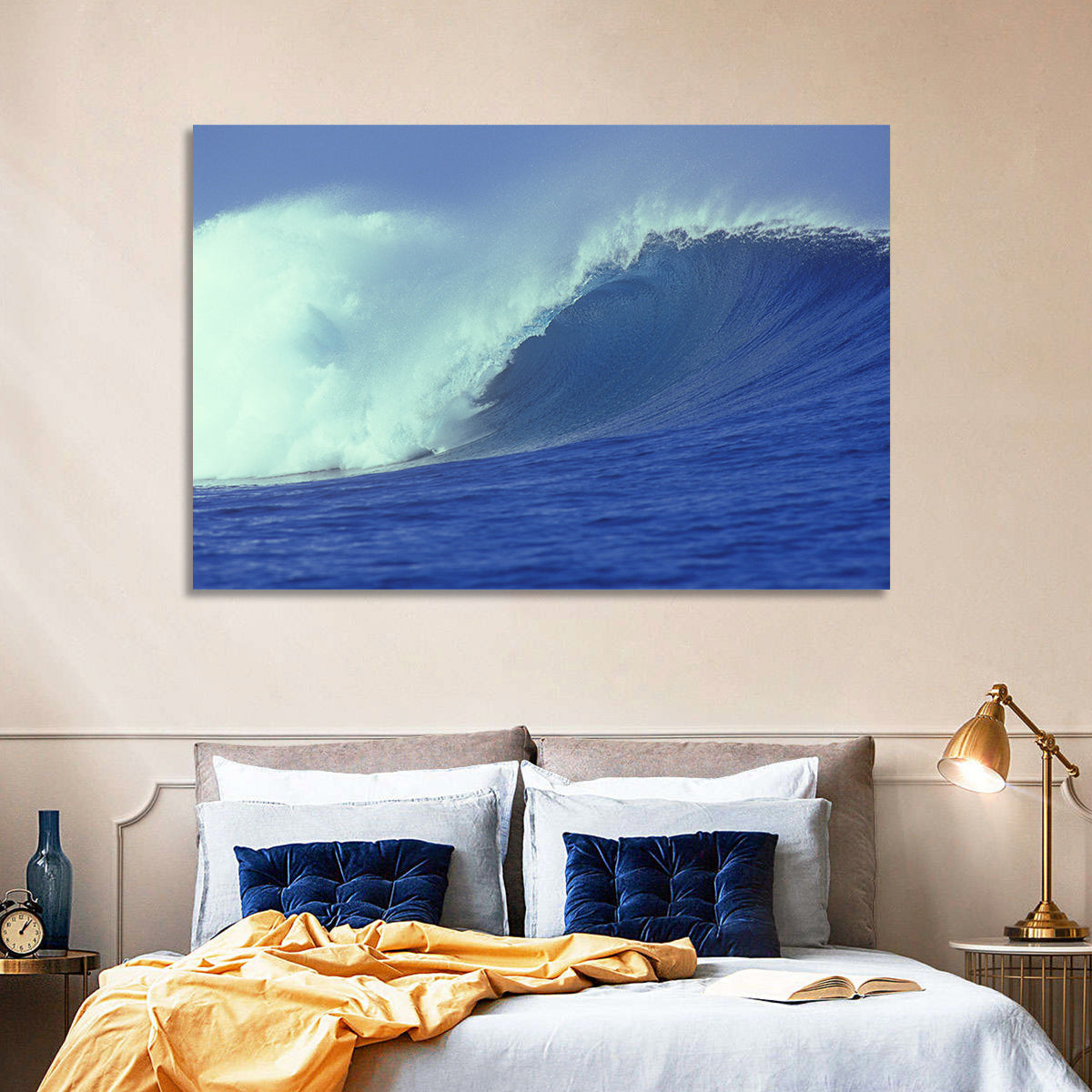 Deep Blue Barrel Wave Wall Art in a room, landscape