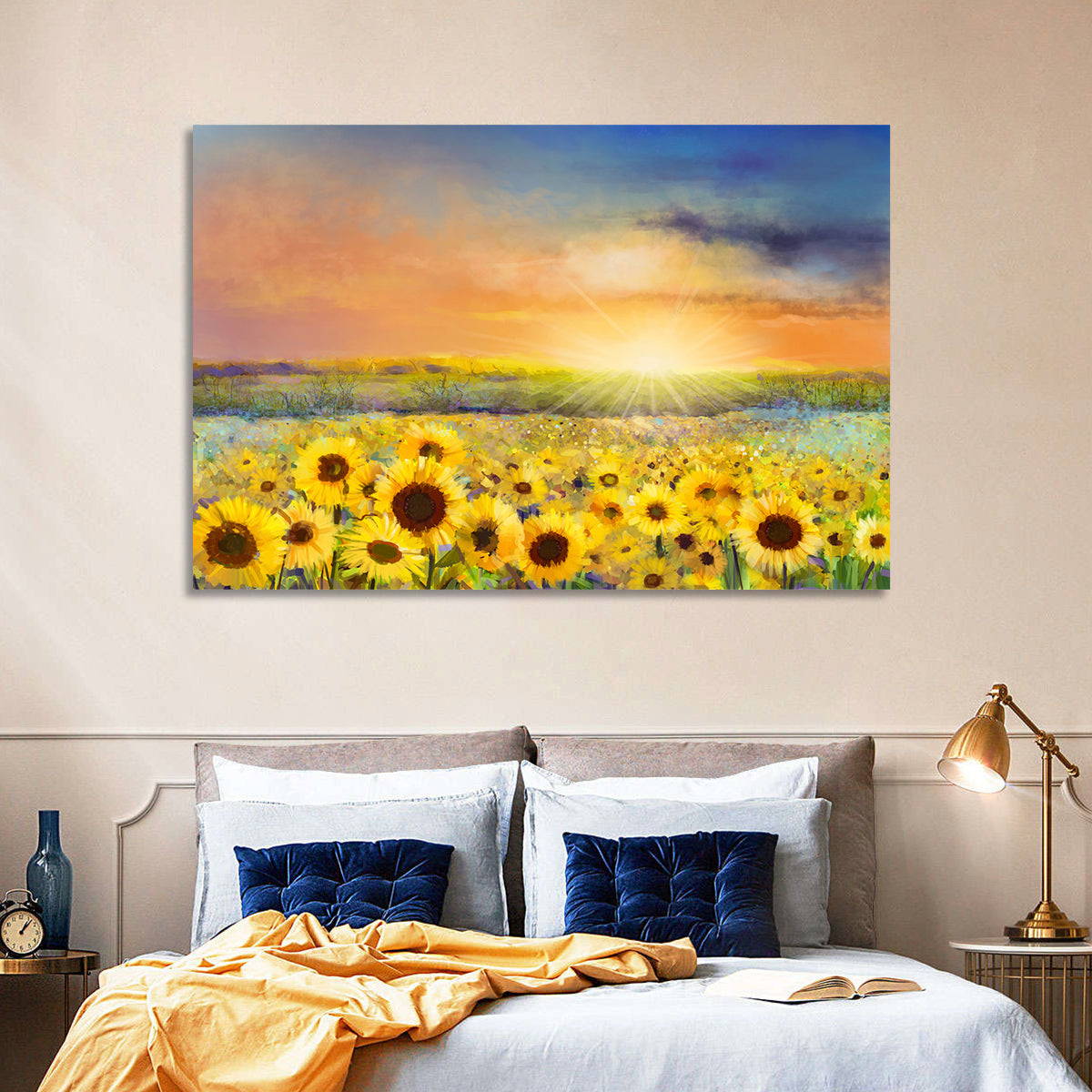Sunburst Over Sunflower Field Wall Art in a room, landscape