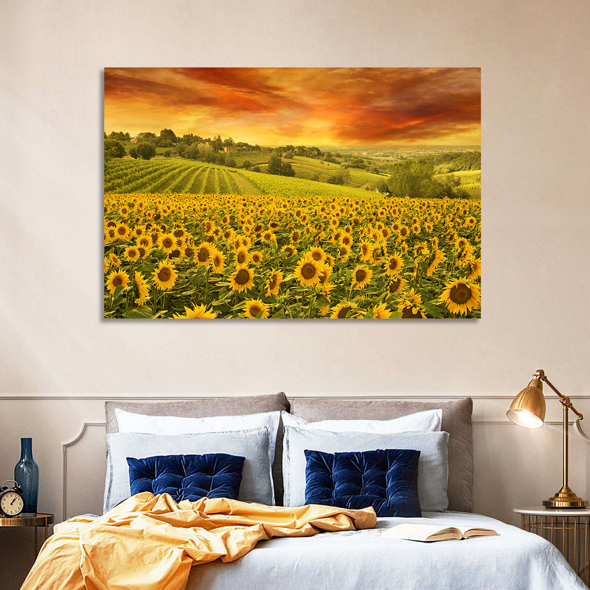 Sunflower Field at Golden Hour Wall Art in a room, landscape