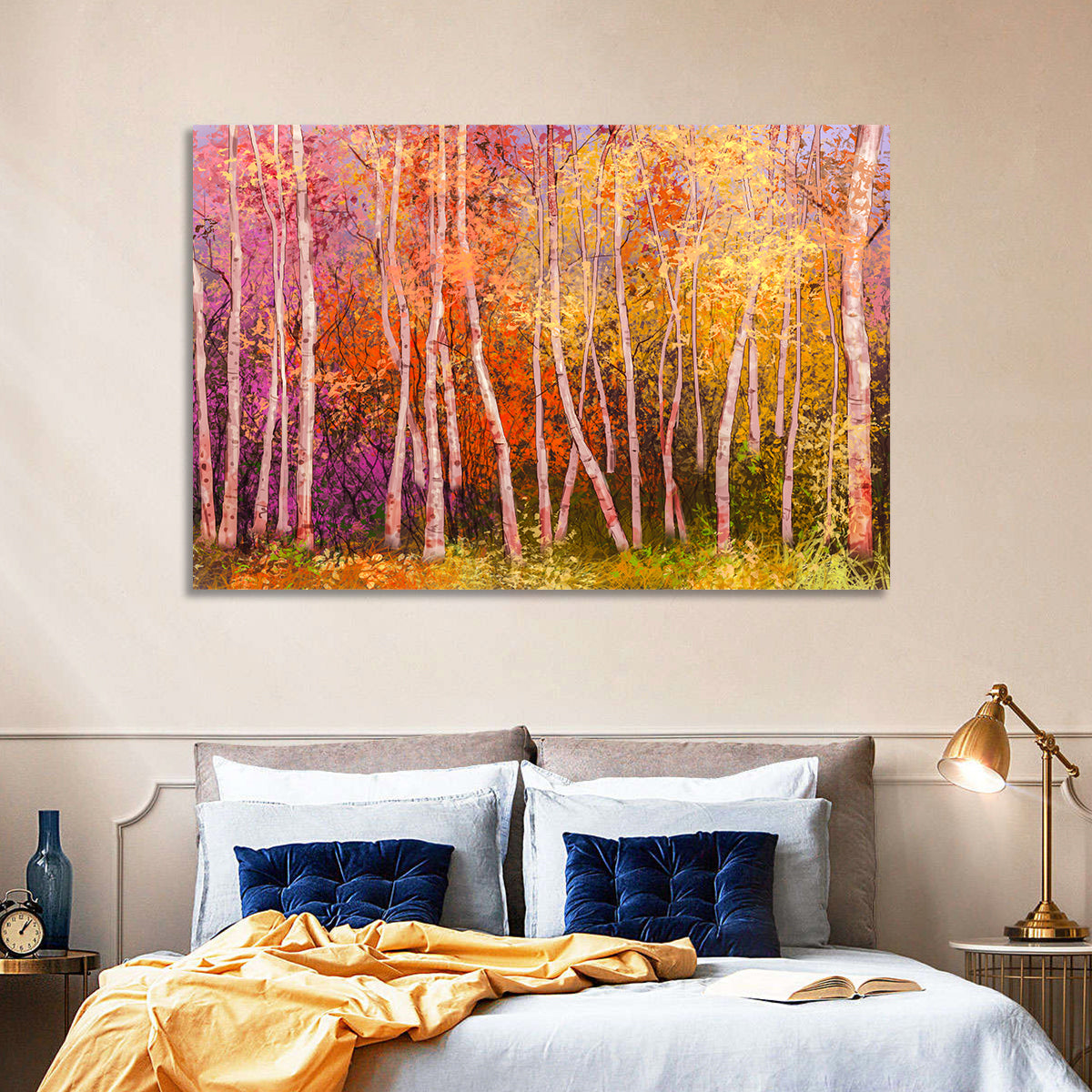 Vibrant Autumn Birch Grove Wall Art in a room, landscape