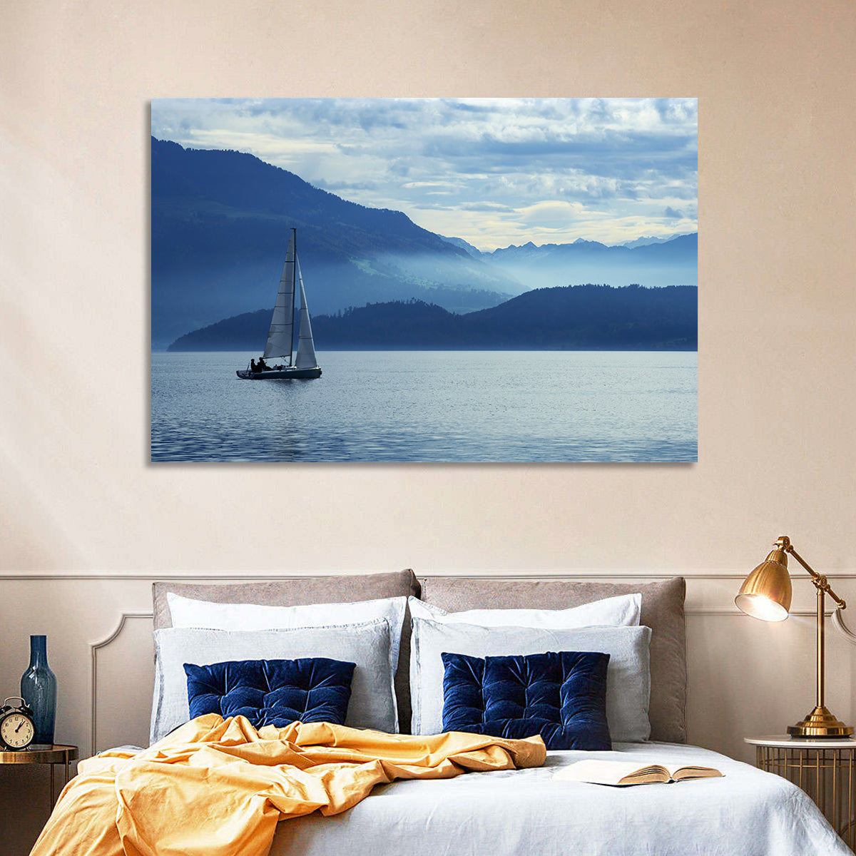 Lake Zug Sailing Wall Art in a room, landscape