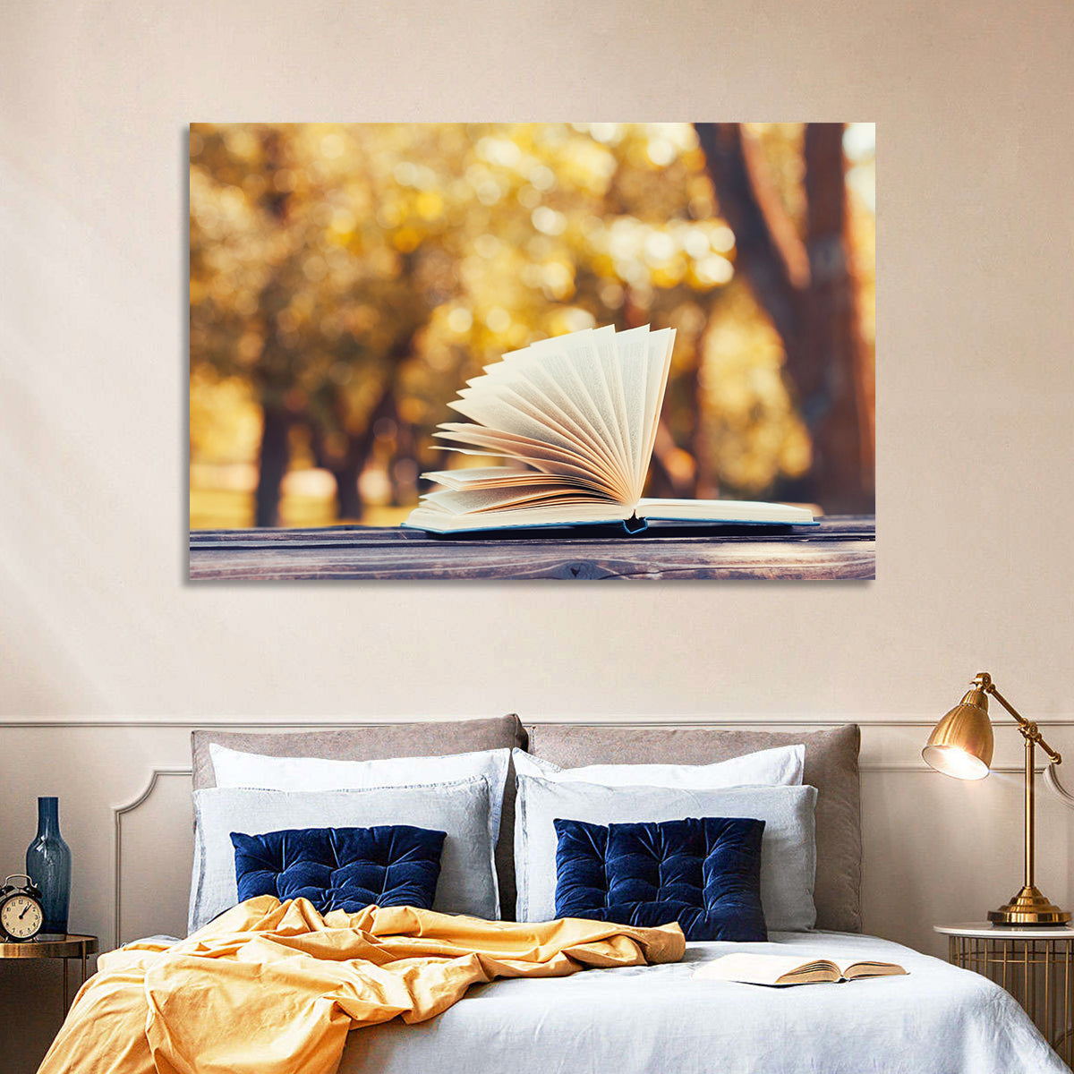 Open Book in Golden Autumn Light Wall Art in a room, landscape
