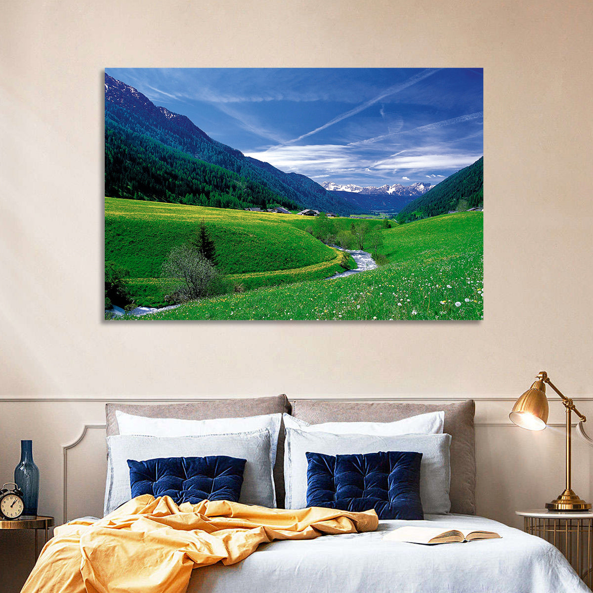 Snow-capped Peaks and Floral Meadow Wall Art in a room, landscape
