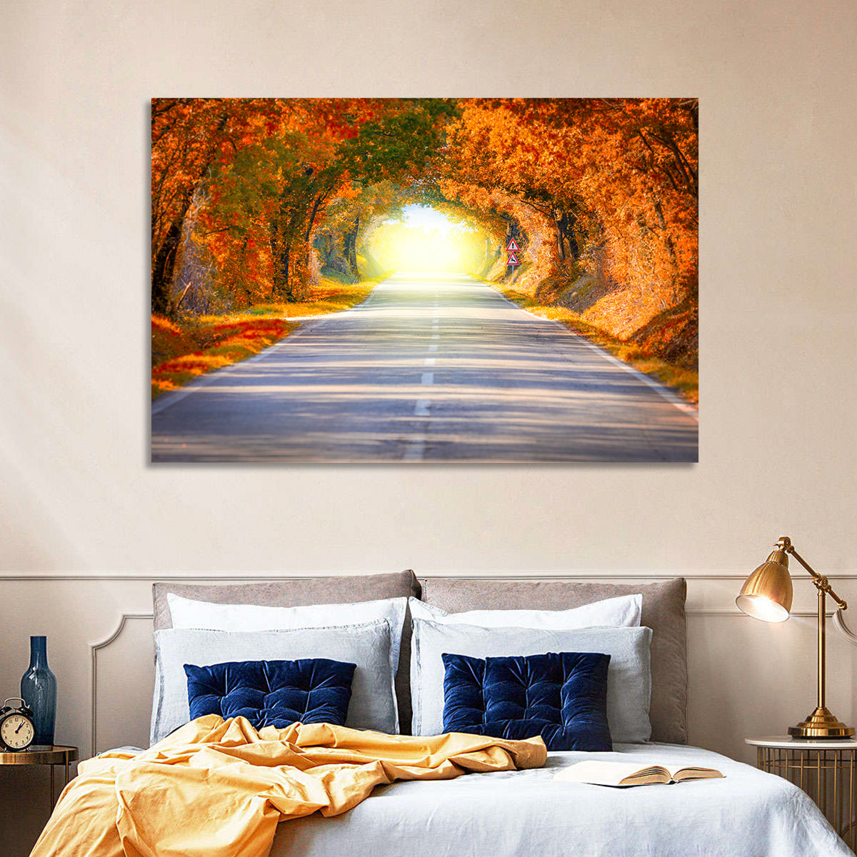 Golden Autumn Tree Tunnel Wall Art in a room, landscape
