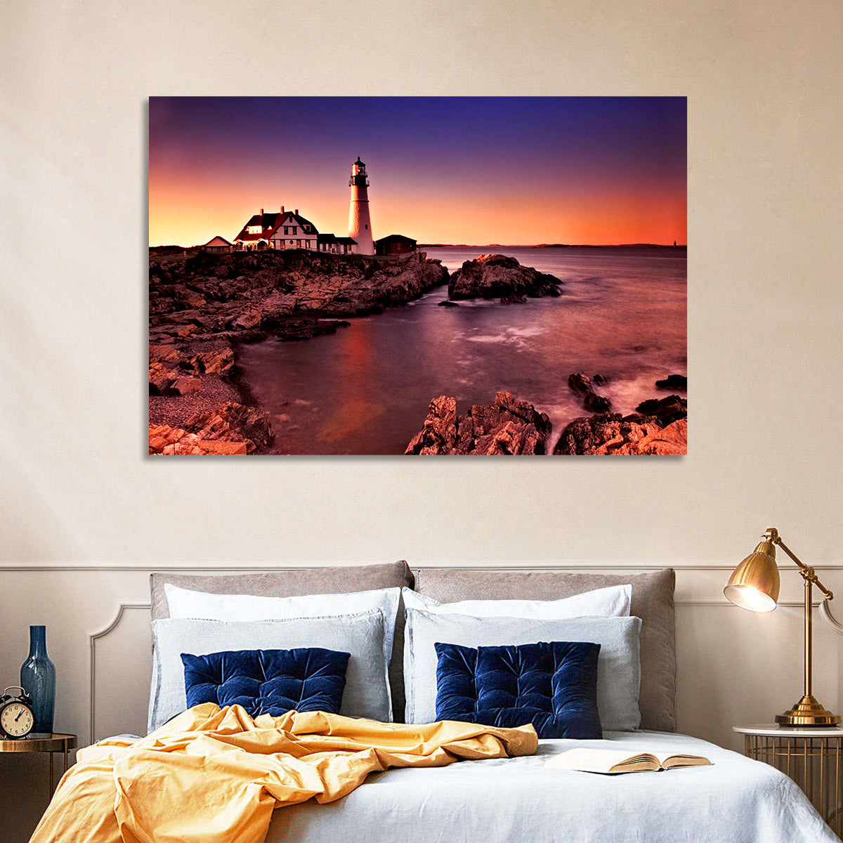 Portland Head Light at Dusk Wall Art in a room, landscape