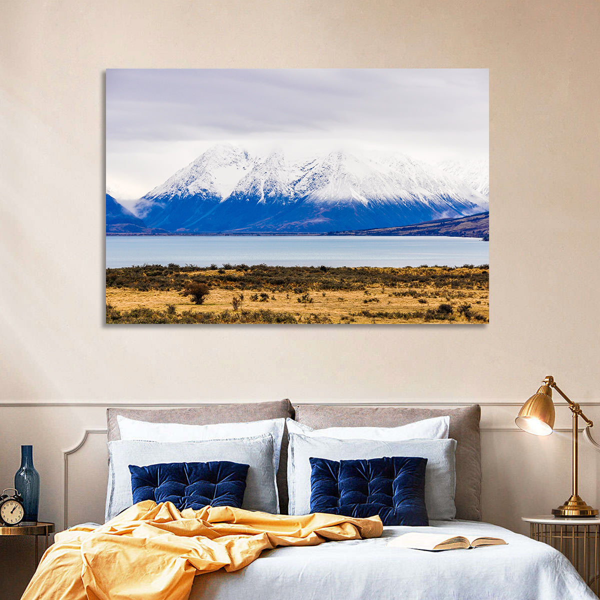 Lake Ohau Snowy Peaks Wall Art in a room, landscape
