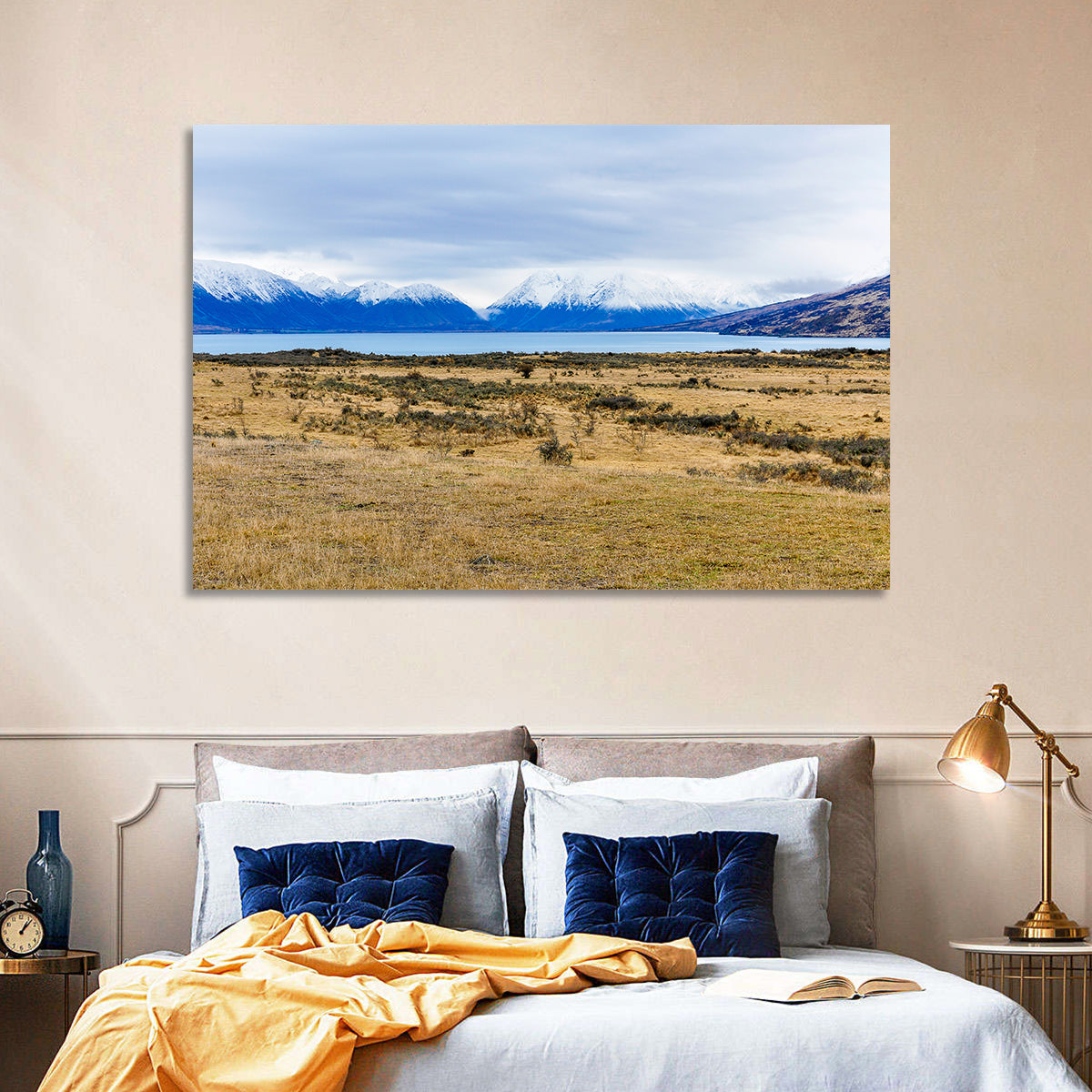 Snowy Peaks of Lake Ohau Wall Art in a room, landscape