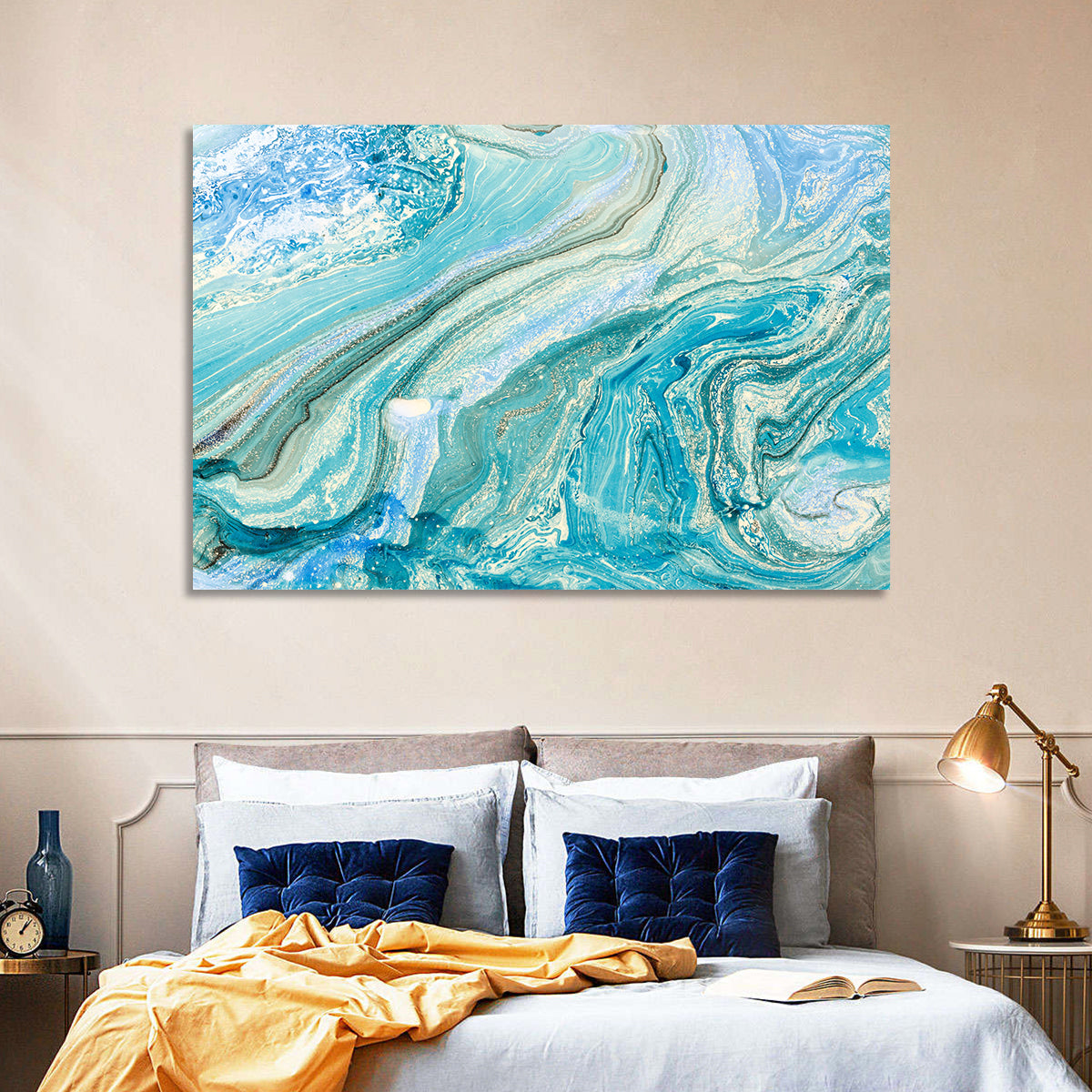 Aqua Marble Swirls with Silver Accents Wall Art in a room, landscape