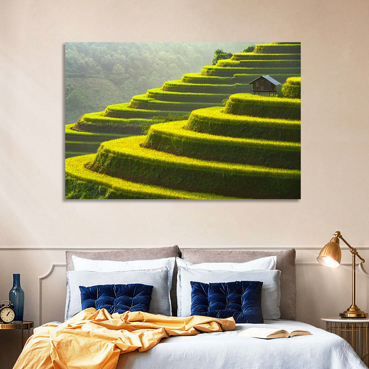 Golden Rice Terraces Wall Art in a room, landscape