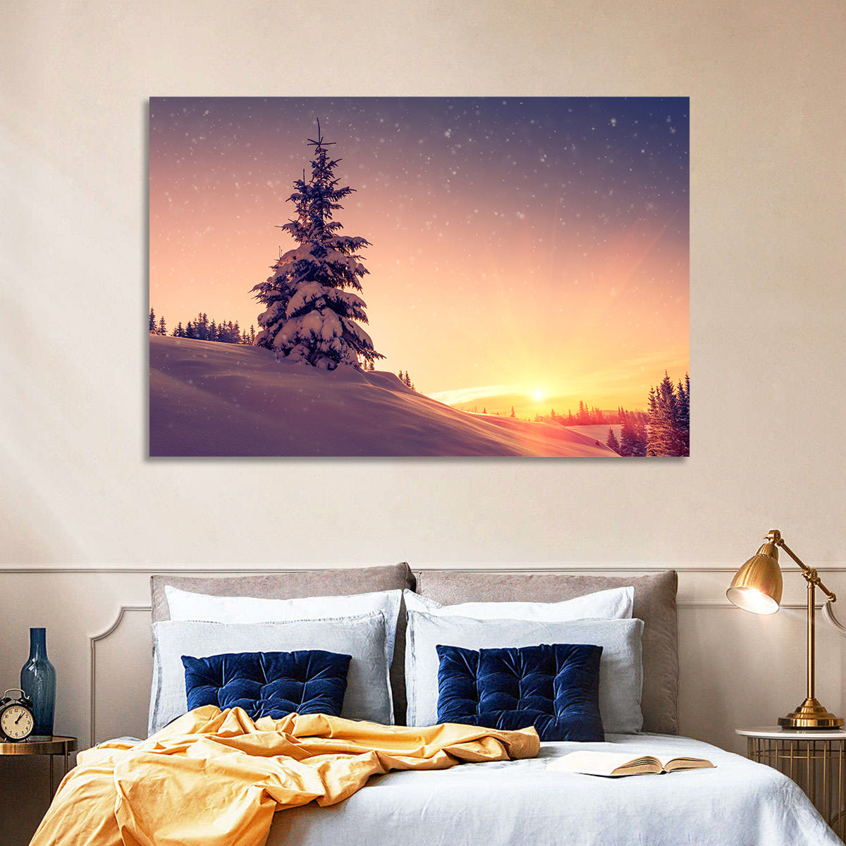 Snowy Sunset with Conifer Wall Art in a room, landscape