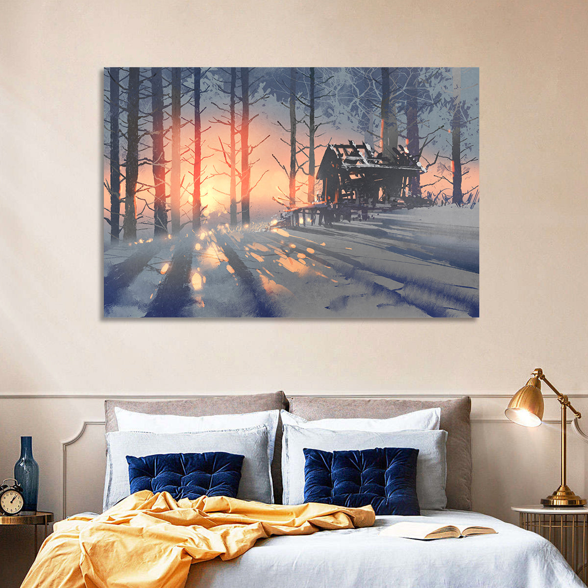 Snowy Forest Cabin at Sunset Wall Art