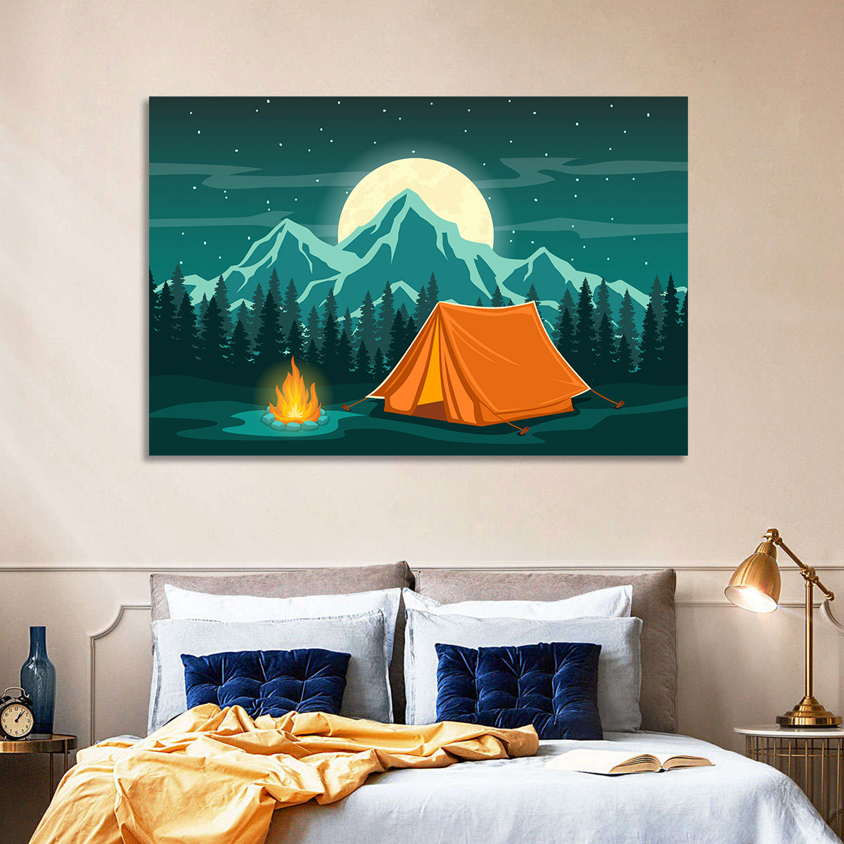 Moonlit Campfire Landscape Wall Art