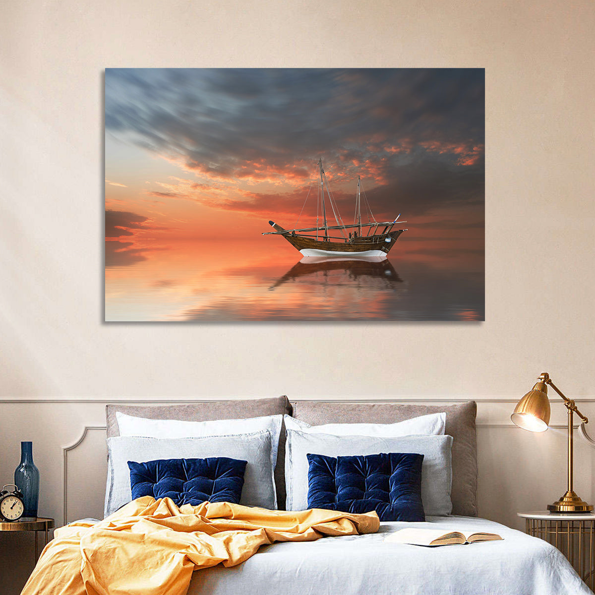 Dhow at Sunset Wall Art in a room, landscape