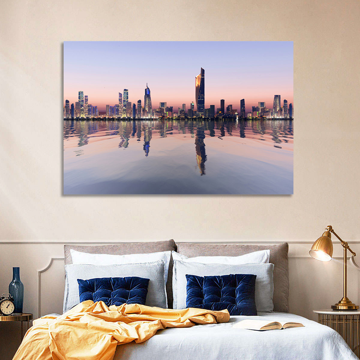 Al Hamra Tower Twilight Skyline Wall Art in a room, landscape