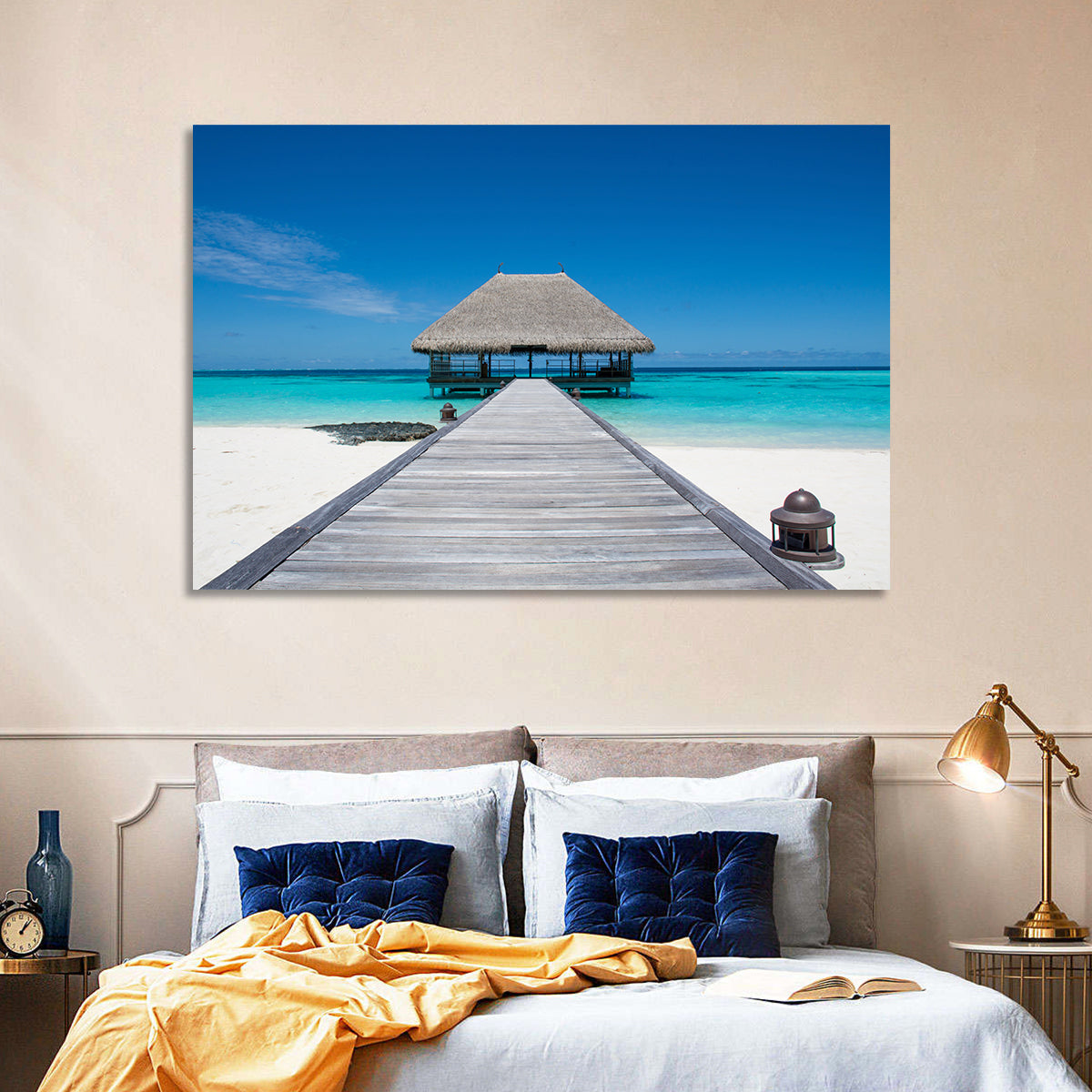Maldives Turquoise Pier Wall Art in a room, landscape