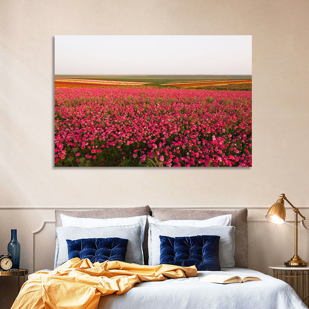 Pink Ranunculus Flower Field Wall Art in a room, landscape
