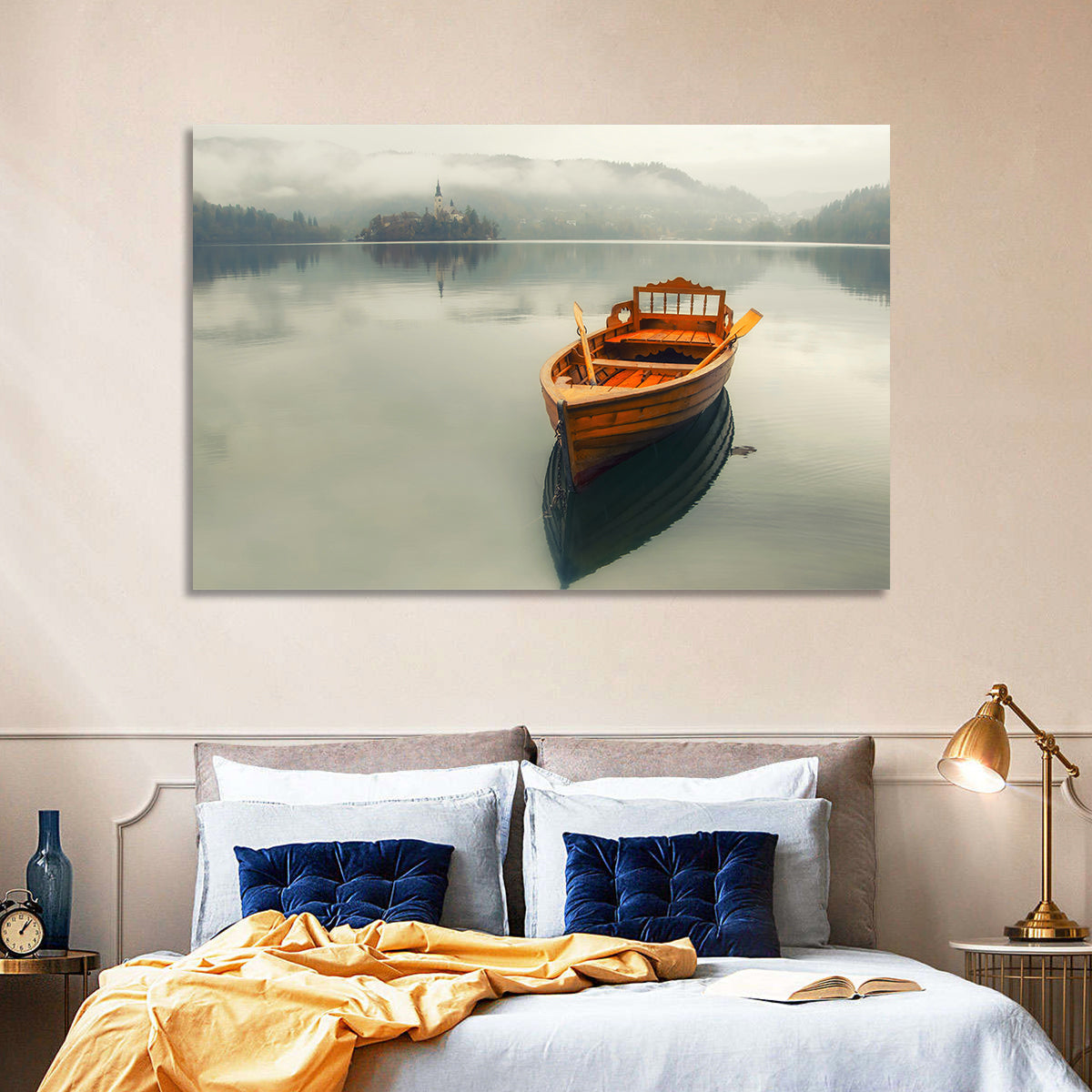Wooden Boat on Misty Lake Bled Wall Art
