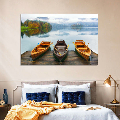 Moored Boats on Misty Lake Bled Wall Art