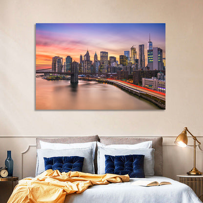 Brooklyn Bridge Light Trails Over Lower Manhattan Wall Art