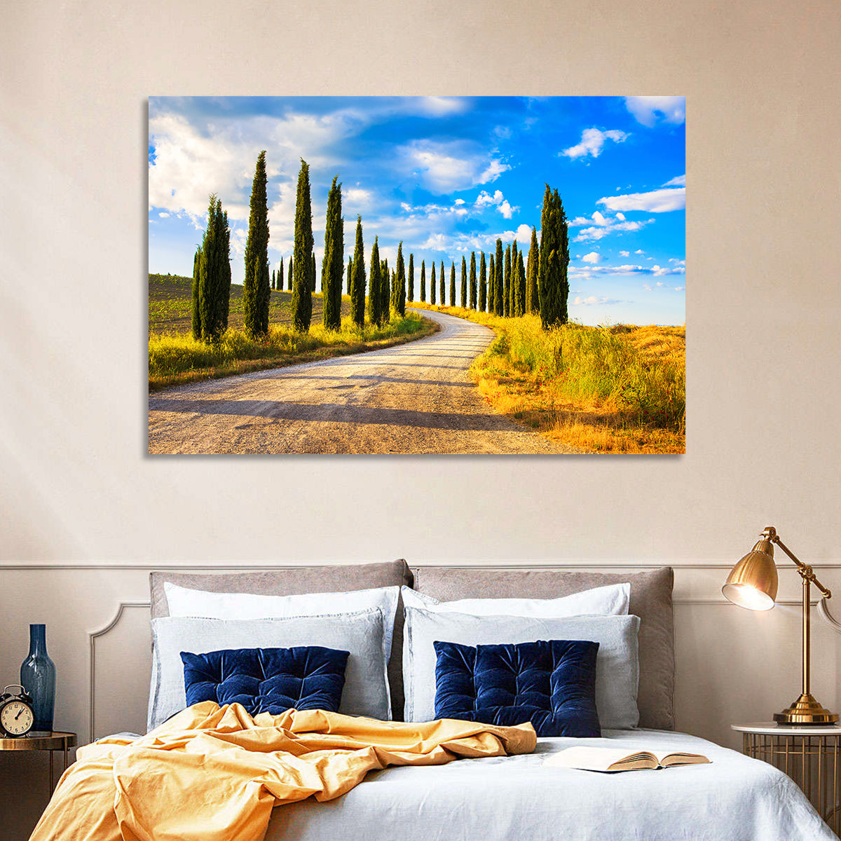 Sunlit Tuscany Cypress Road Wall Art in a room, landscape