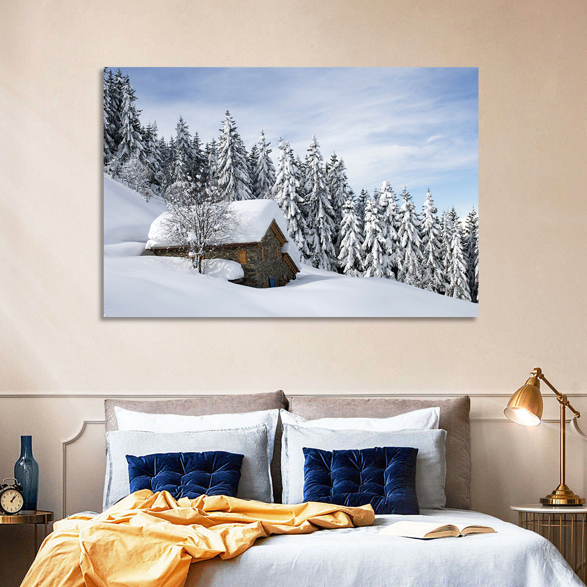 Snow Covered Alpine Cabin Wall Art in a room, landscape