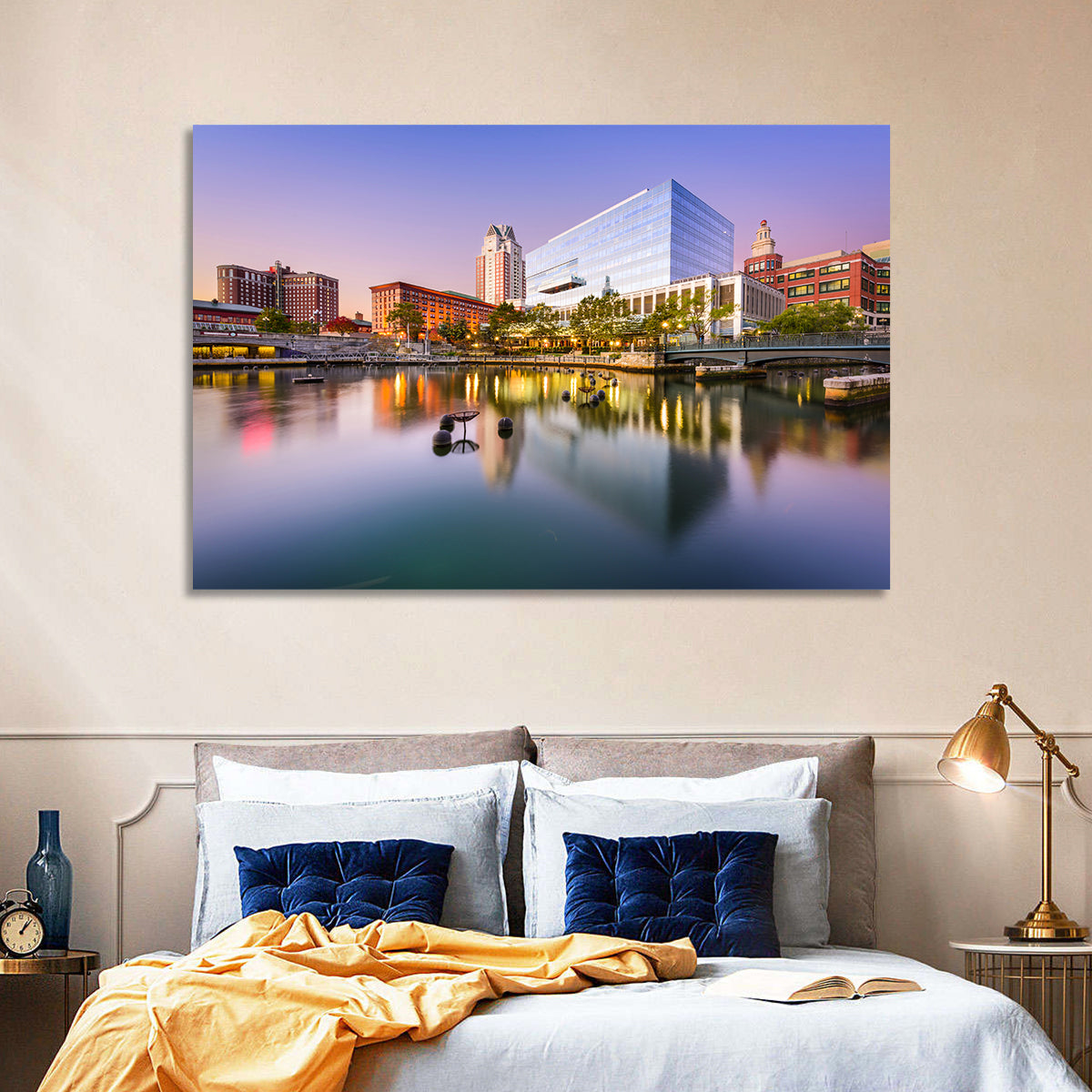 Providence River Skyline at Twilight Wall Art in a room, landscape