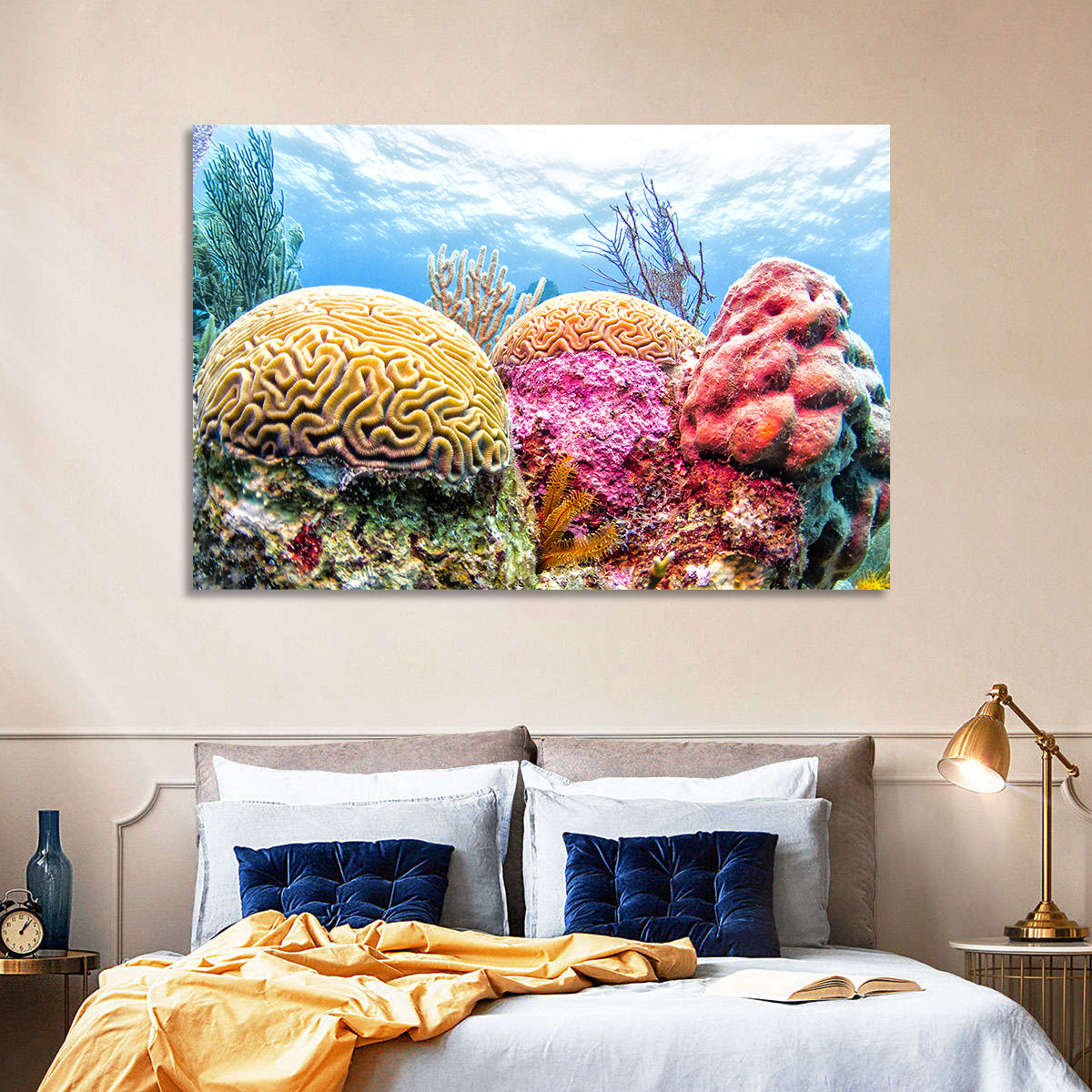Vibrant Brain Coral Reef Wall Art in a room, landscape