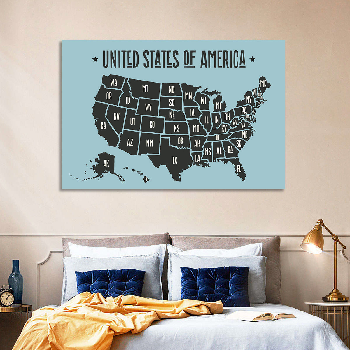 Minimalist USA Map with State Abbreviations Wall Art in a room, landscape
