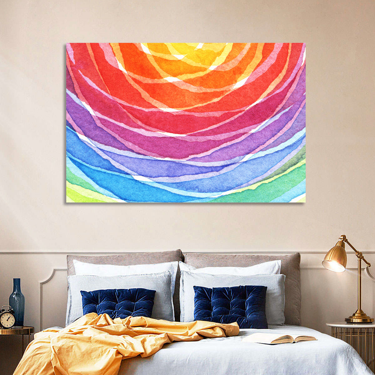 Radiant Rainbow Watercolor Arcs Wall Art in a room, landscape