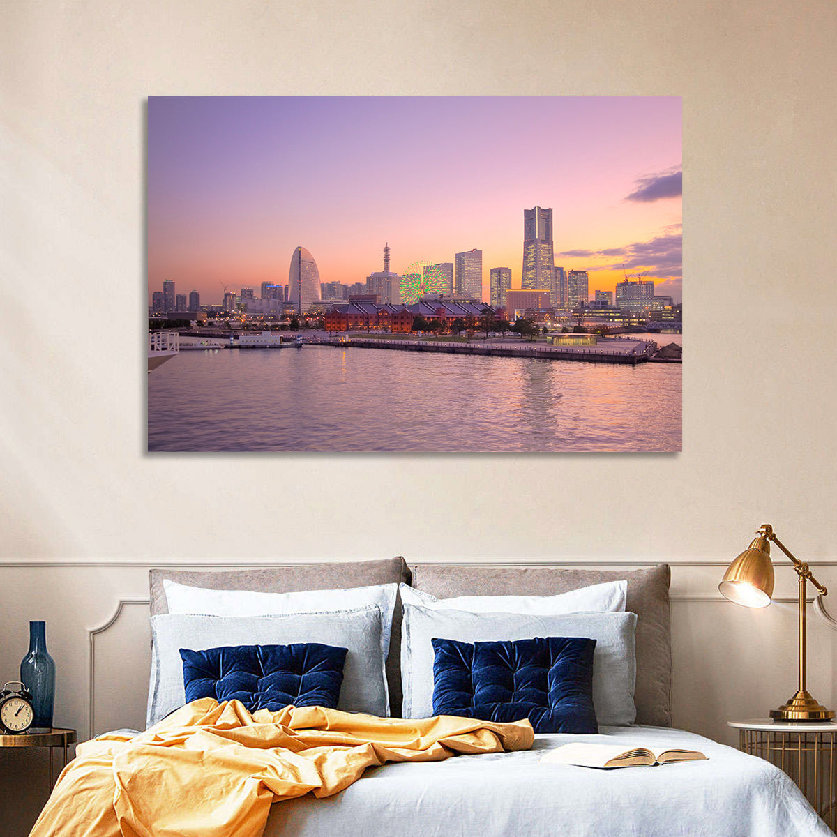 Yokohama Harbor Twilight Wall Art in a room, landscape