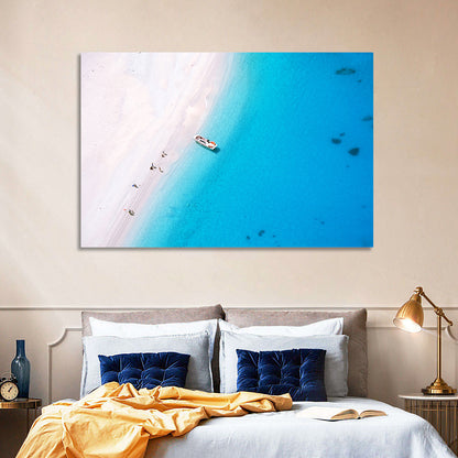 Aerial Beach Bay with White Boat Wall Art