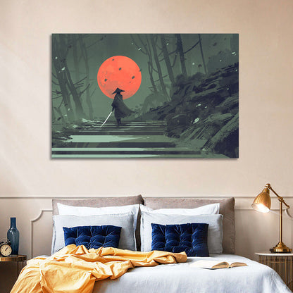 Samurai Under Red Moon Wall Art