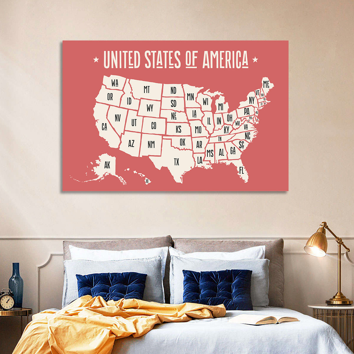 United States Map with State Abbreviations Wall Art