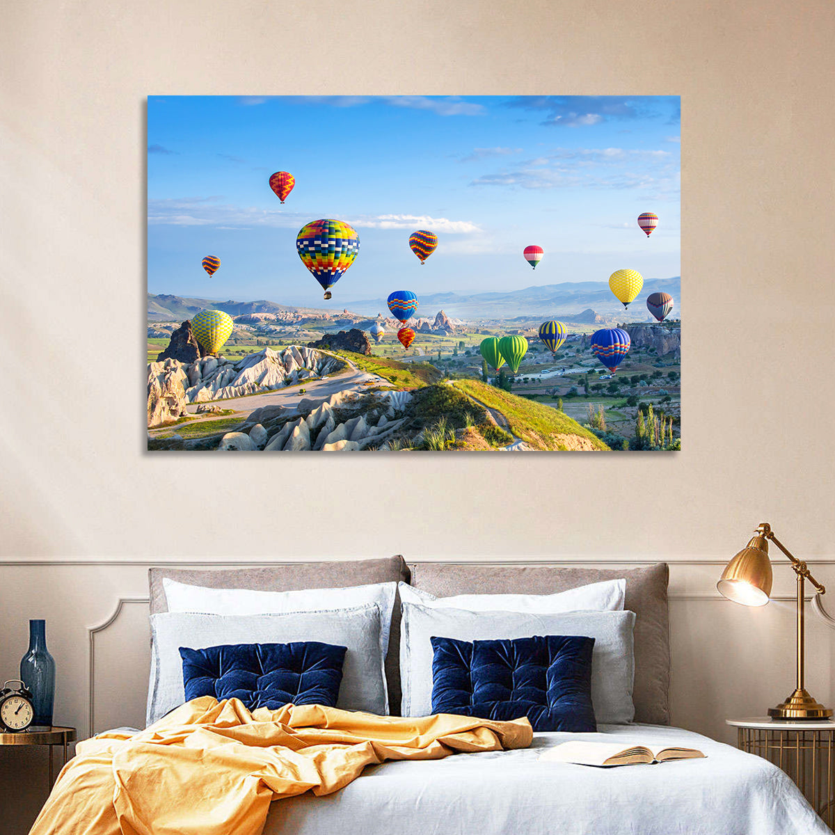 Cappadocia Hot Air Balloons Over Rock Valleys Wall Art in a room, landscape
