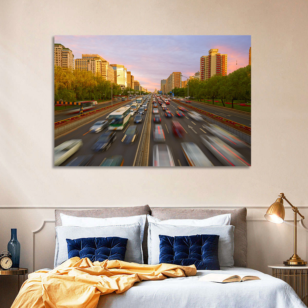 Beijing Sunset Traffic Streaks Wall Art in a room, landscape