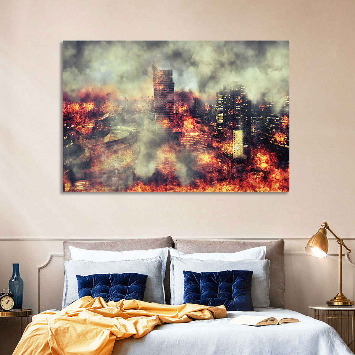 Warsaw Spire Burning City Abstract Wall Art in a room, landscape