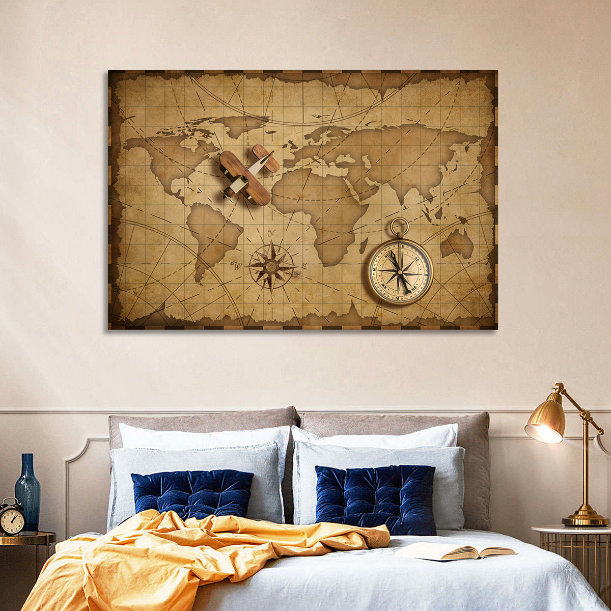 Retro Map with Biplane and Compass Wall Art in a room, landscape