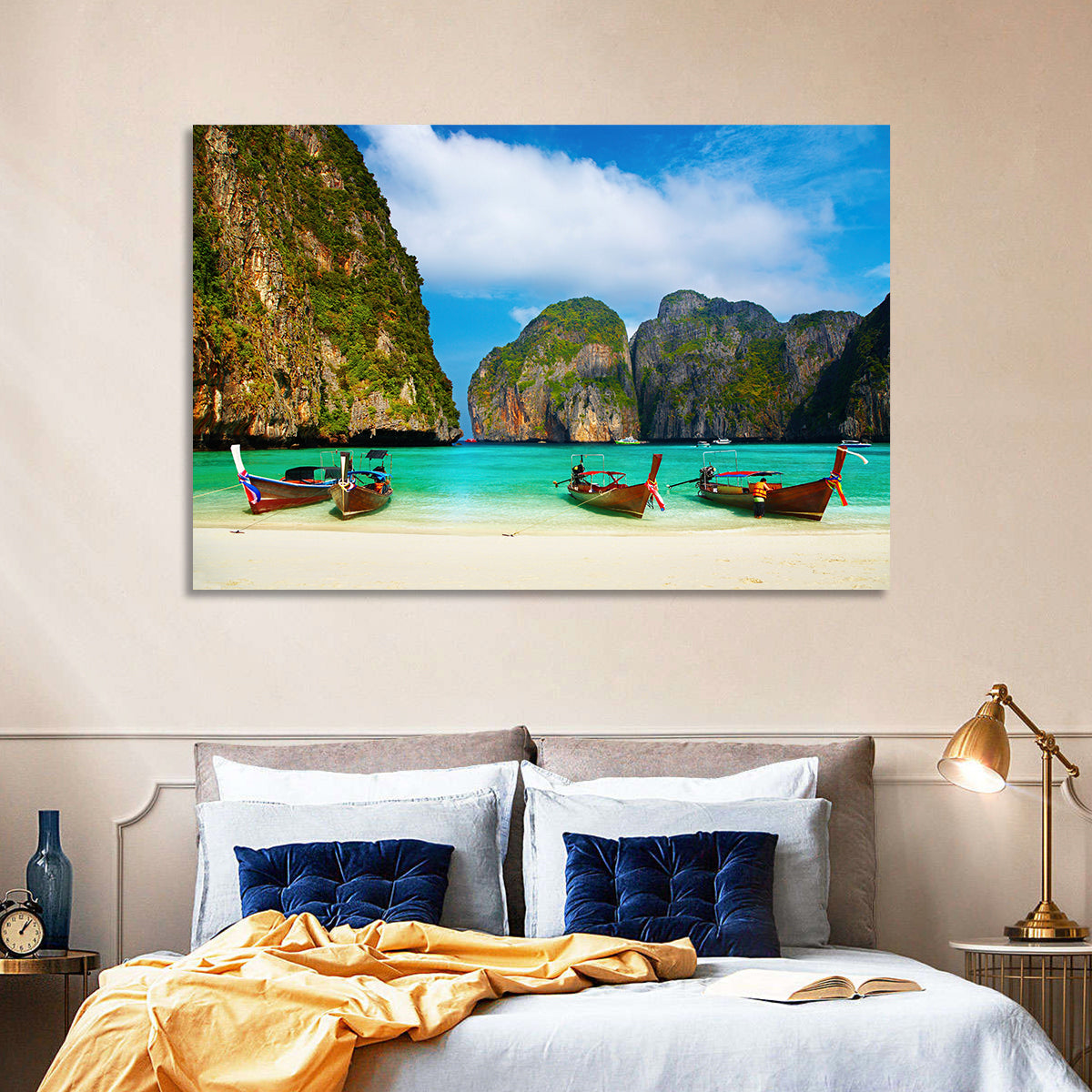 Maya Bay Long-tail Boats Wall Art in a room, landscape