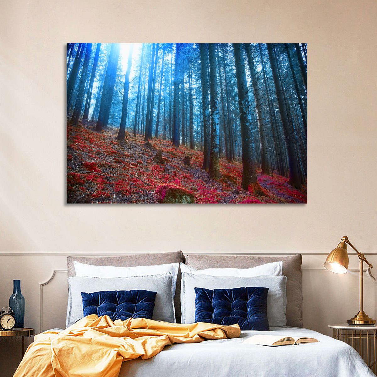 Enchanted Red Moss Forest Wall Art in a room, landscape
